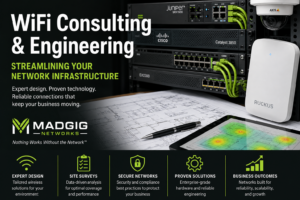 Commercial WiFi consulting and network engineering with enterprise networking hardware including Juniper firewall, Cisco switching, Ruckus wireless, and Axis surveillance for business network infrastructure.