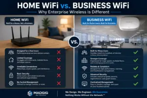 Comparison of home WiFi and business WiFi showing why enterprise wireless provides better coverage, capacity, security, and reliability for commercial networks.
