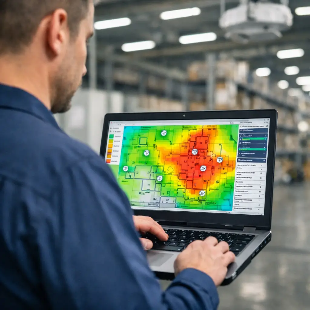 Network engineer diagnosing commercial wired and wireless network infrastructure using WiFi heatmap analysis