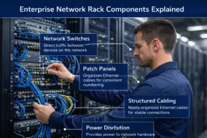 IT technician organizing cables in network rack