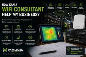 Commercial WiFi consultant performing wireless site survey and RF engineering with enterprise networking equipment to improve business WiFi performance and reliability.
