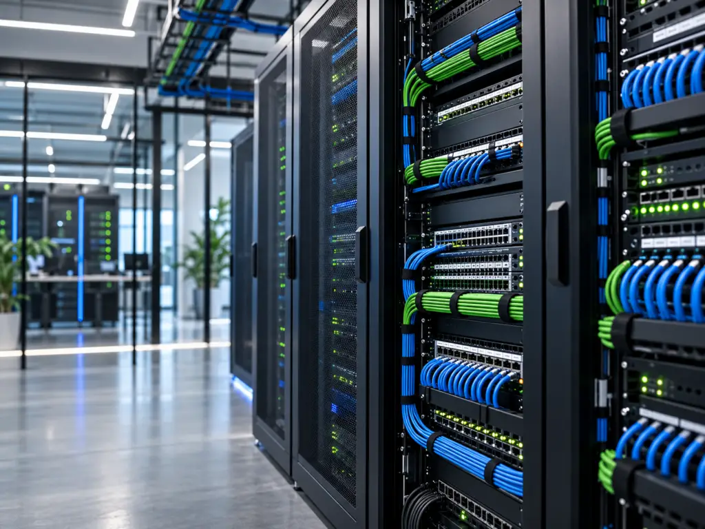 Commercial network infrastructure with organized server racks, switches, patch panels, and structured cabling