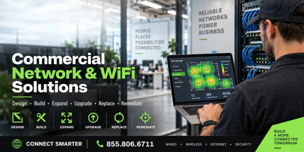 Commercial network and WiFi solutions with network engineer, WiFi heatmap, and wired infrastructure