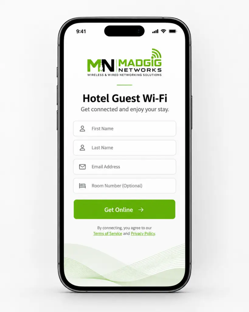 Hotel guest WiFi login portal on a smartphone with branded access form for guest connectivity.